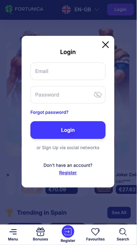 Fortunica Casino login screen with email and password fields