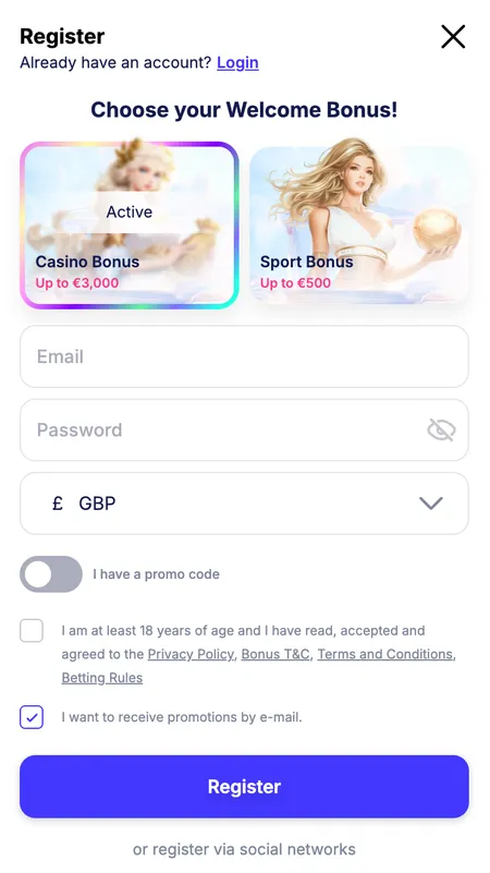 Fortunica Casino registration form first step