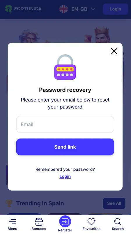 Fortunica password reset screen with email field